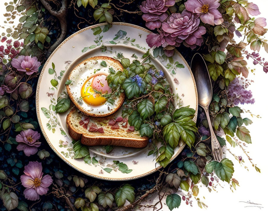 Vibrant still-life painting with sunny-side-up egg on toast and lush floral elements