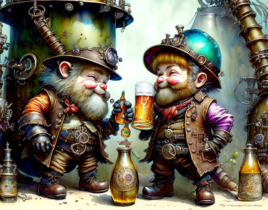 Steampunk-style dwarves with beer and bottle, in whimsical attire among mechanical elements