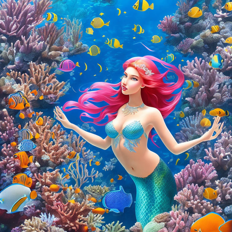 Vibrant Pink-Haired Mermaid Swimming in Colorful Underwater Scene