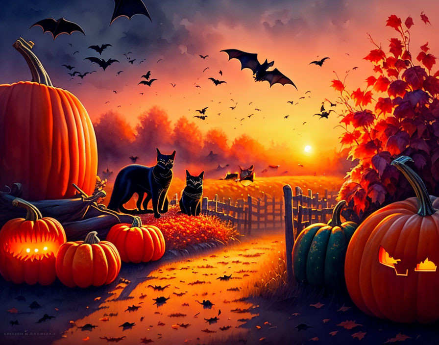 Illustration of Halloween Scene with Pumpkins, Black Cats, Bats, and Autumn Twilight Palette