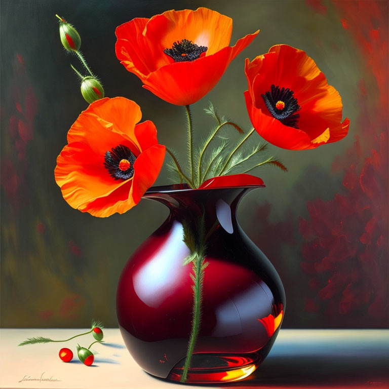 Colorful painting of black vase with red poppies on reflective surface