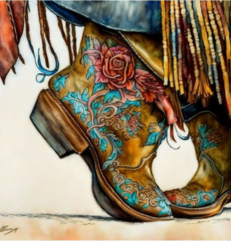 Detailed Illustration: Ornate Cowboy Boots with Rose Design and Fringe