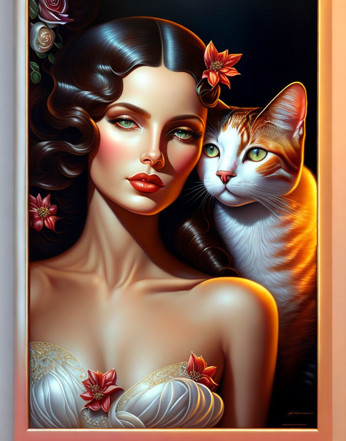 Colorful portrait of woman with floral hair next to cat with striking eyes