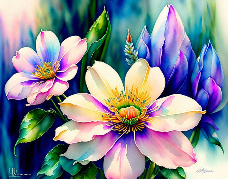 Delicate Flowers Watercolor Painting with Pink and Blue Petals