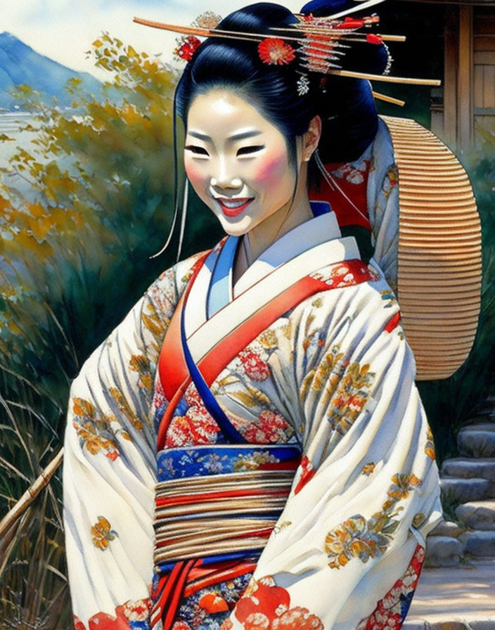 Traditional Japanese attire: Smiling woman with parasol and floral patterns