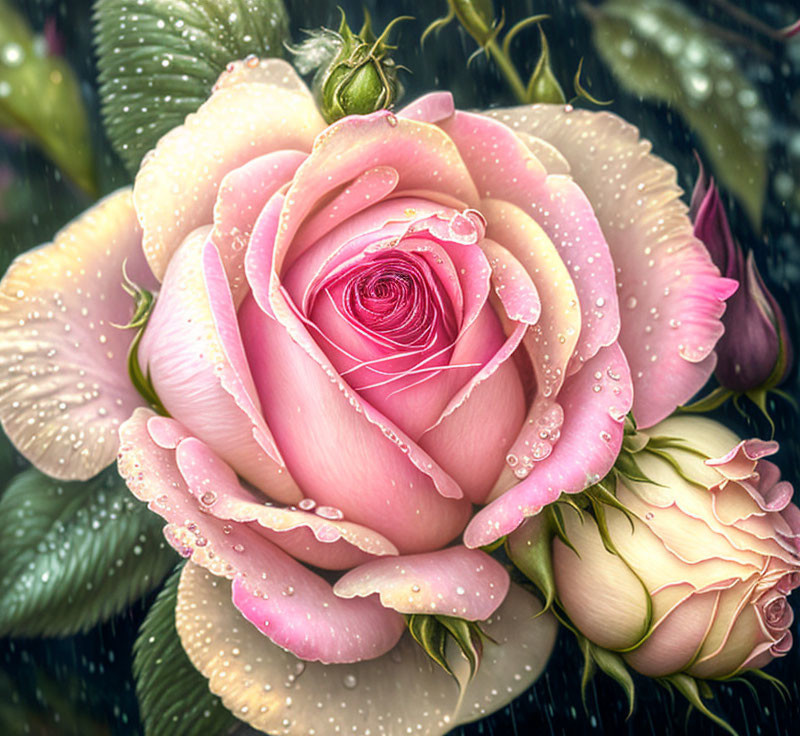 Pink rose with dew drops on petals against green backdrop with soft lighting.