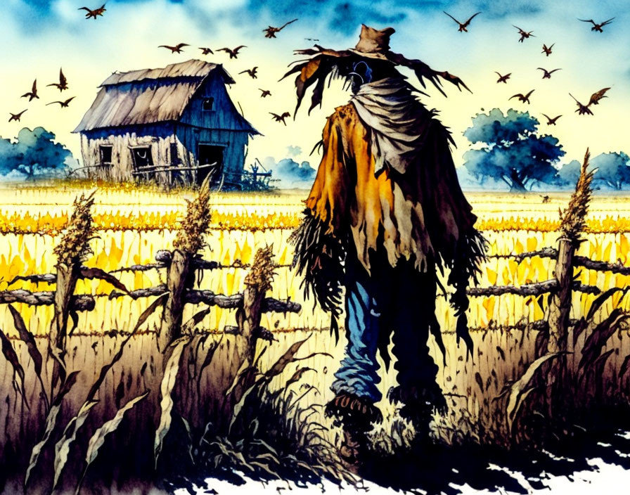 Scarecrow in golden field with rustic barn under vibrant sky