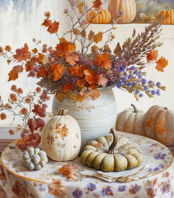 Colorful Pumpkins and Fall Foliage on Patterned Tablecloth