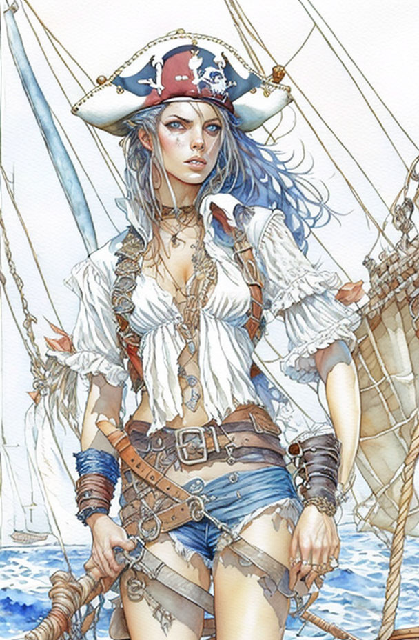 Female pirate illustration: blue-eyed, tricorn hat, white blouse, shorts, on ship with sea