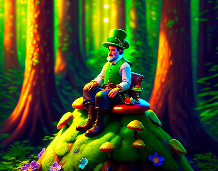 Vibrant leprechaun illustration on mushroom hill in whimsical forest