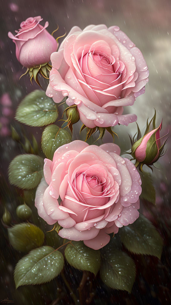 Three pink roses with raindrops on petals and leaves against soft-focus background.