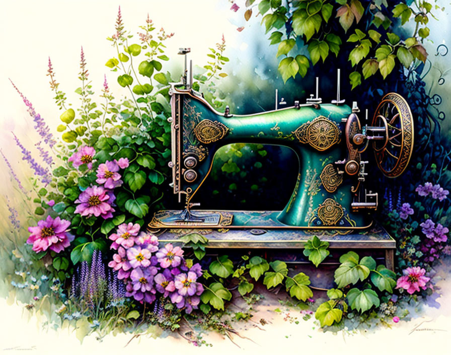 Antique Sewing Machine with Gold Patterns in Lush Garden