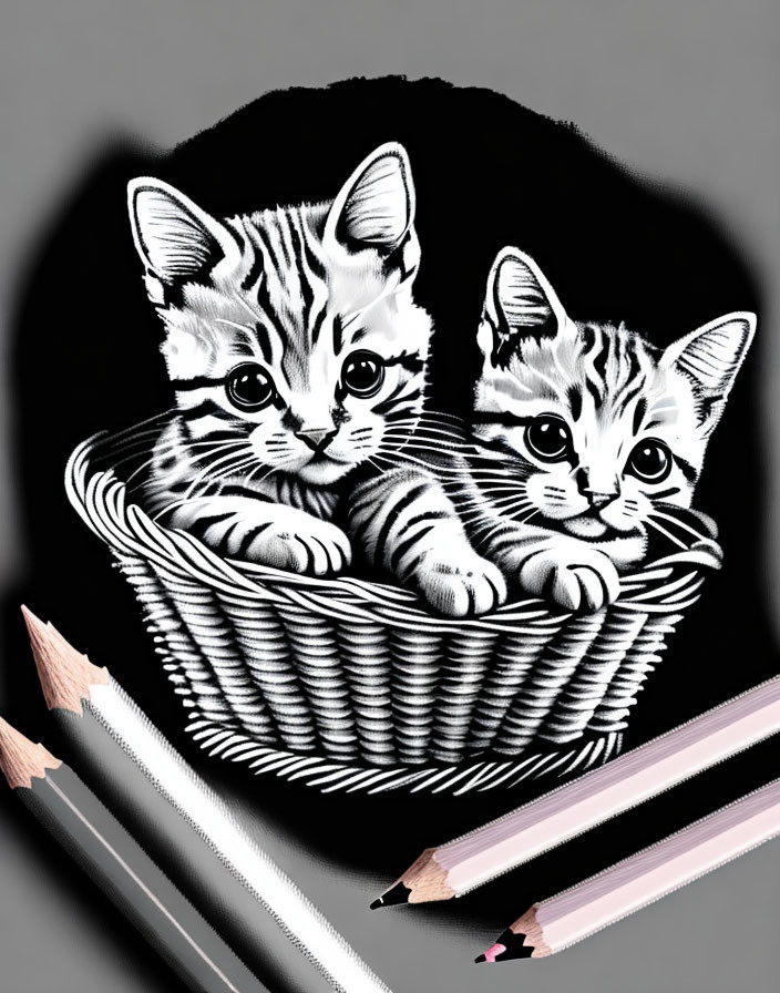 Illustrated Kittens in Woven Basket with Pencils Displayed