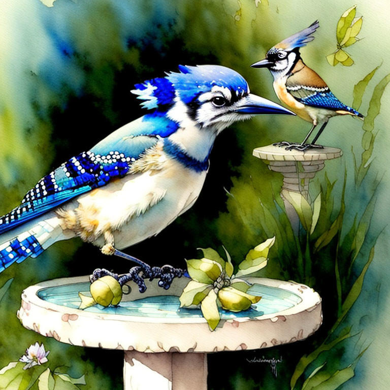 Colorful watercolor painting of two blue jays on bird bath in lush green setting