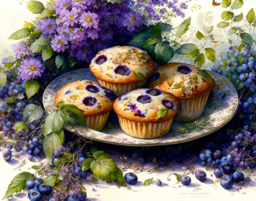 Freshly Baked Blueberry Muffins with Blueberries and Purple Flowers