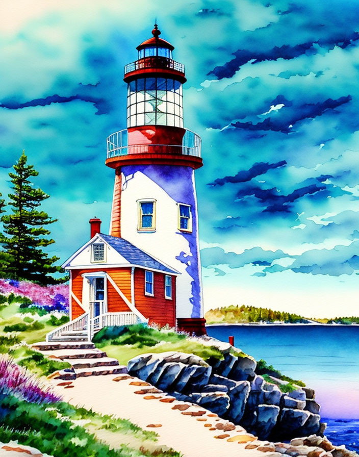 Colorful watercolor painting of red and white lighthouse under blue sky