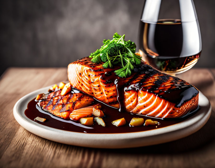 Grilled salmon fillet with herb glaze and garlic on ceramic plate