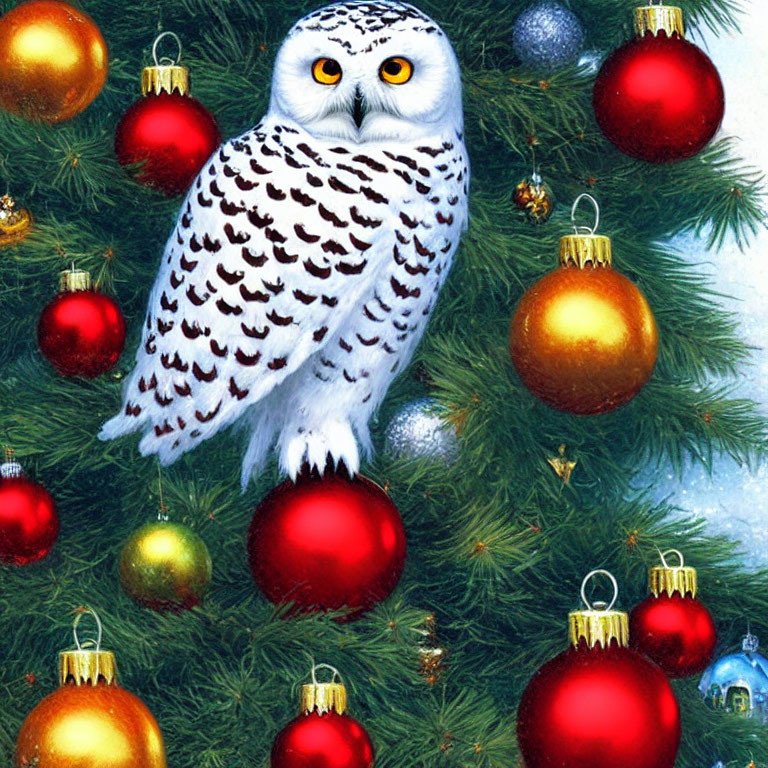 Snowy Owl on Decorated Christmas Tree with Red and Gold Baubles