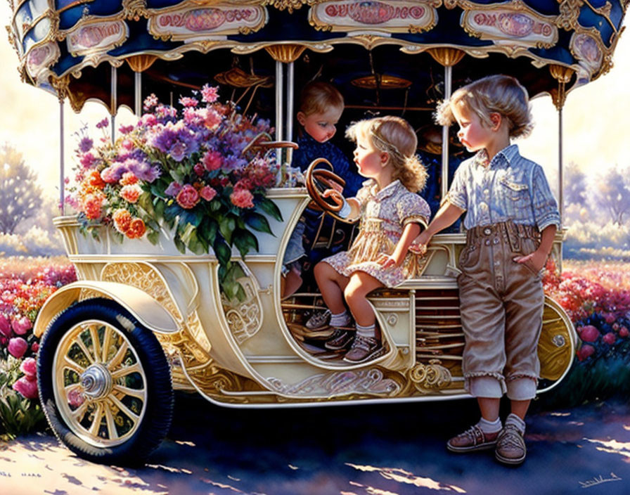 Vintage carousel with children playing in a field of flowers