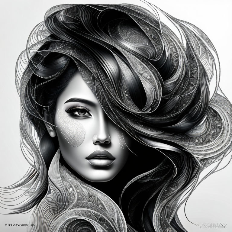 Monochrome digital artwork: Woman with intricate hair patterns and subtle sparkle.