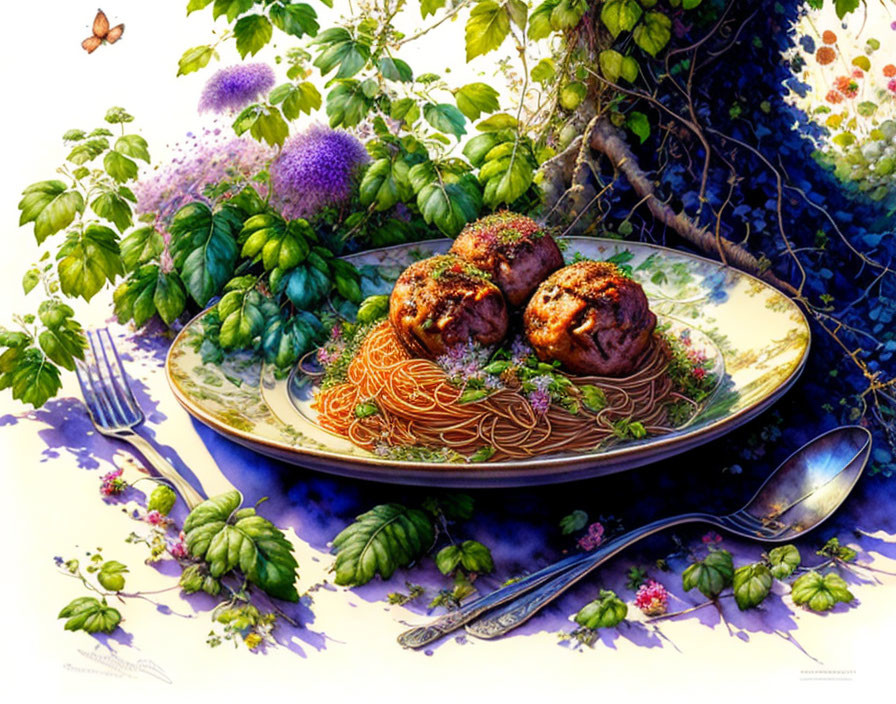 Illustration of Meatballs on Spaghetti with Herbs, Fork, Spoon, and Butterfly