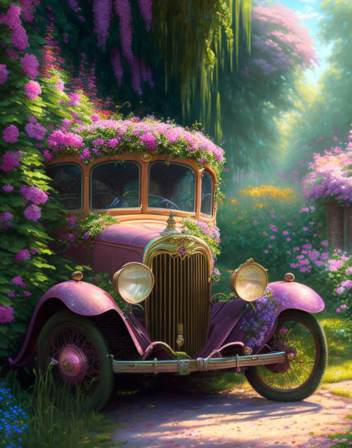 Purple Vintage Car Decorated with Flowers in Enchanted Forest