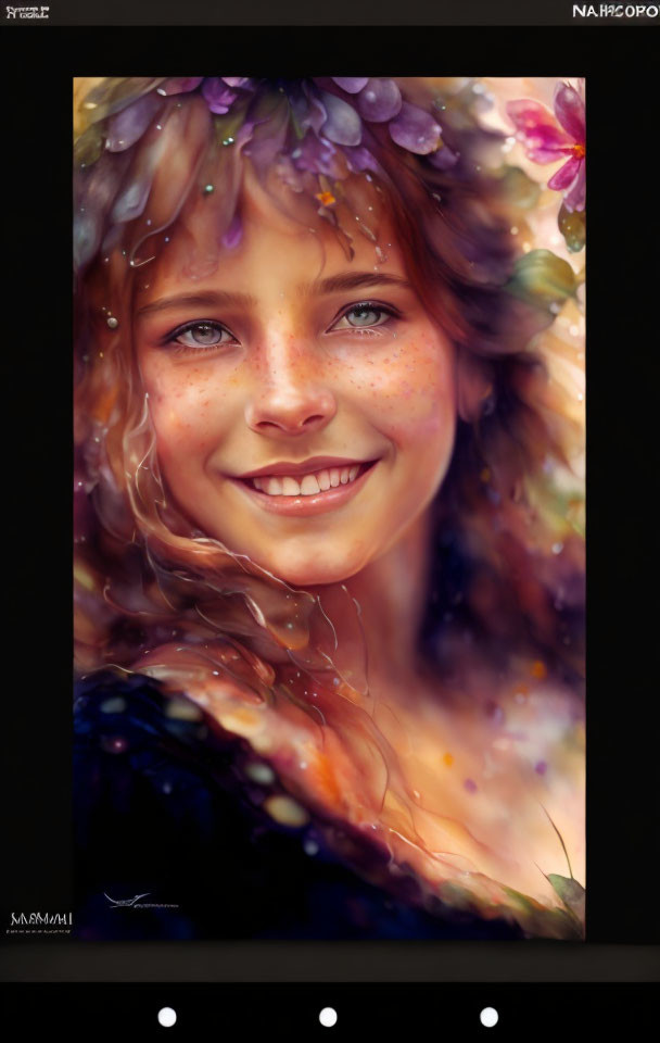 Smiling young girl with freckles amid colorful flowers and bokeh effect