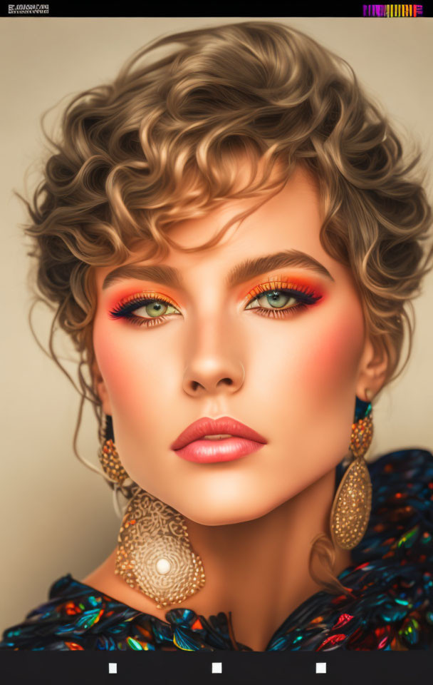 Voluminous curly hair woman portrait with orange eyeshadow