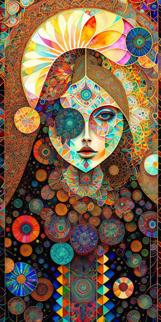 Colorful psychedelic portrait of stylized woman with mosaic patterns and geometric shapes.