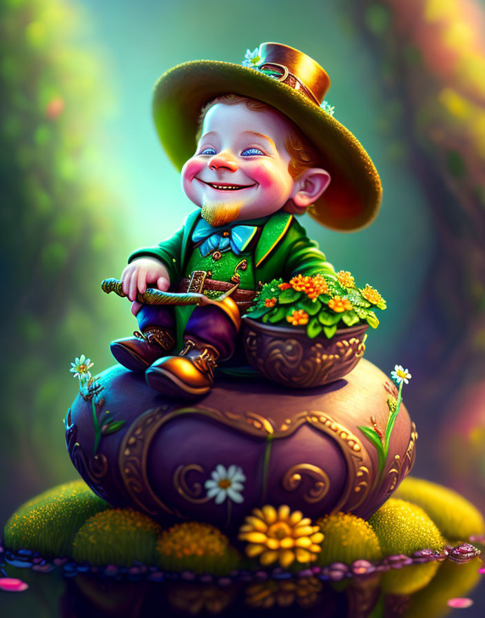 Colorful Cartoon Leprechaun on Gold Pot in Forest Setting