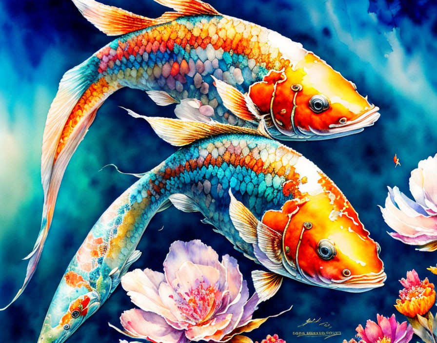 Colorful Watercolor Painting of Orange and Blue Koi Fish with Pink Water Lilies on Deep Blue