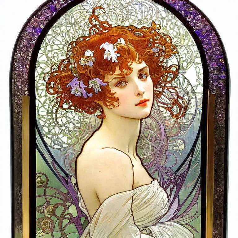 Art Nouveau Woman Illustration with Red Hair and Floral Adornments