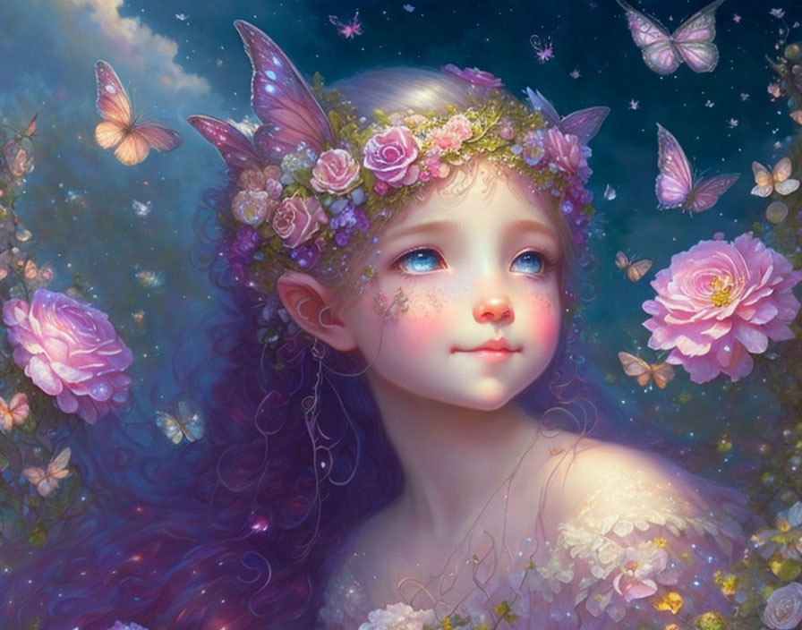 Fantasy illustration: Young girl, blue eyes, floral crown, butterflies, pink flowers, dreamy