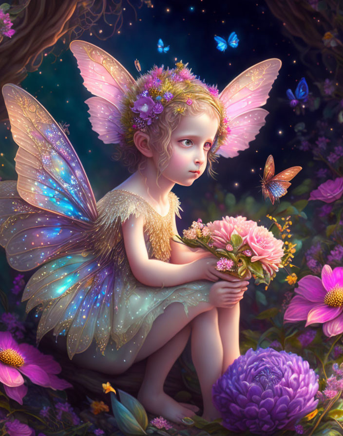 Illustration: Fairy child with translucent wings in enchanted forest