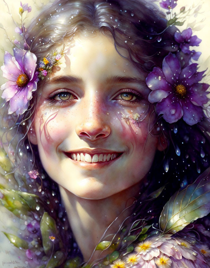 Smiling girl digital portrait with green eyes and purple flowers in hair