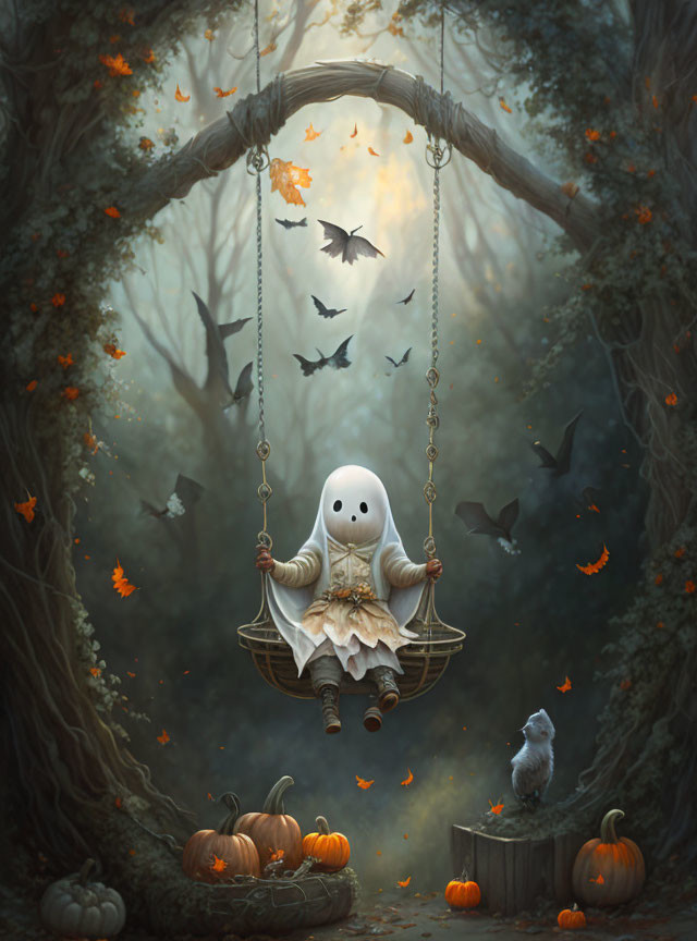 Ghostly figure in white sheet on swing in mystical forest with bats, pumpkins, and autumn leaves