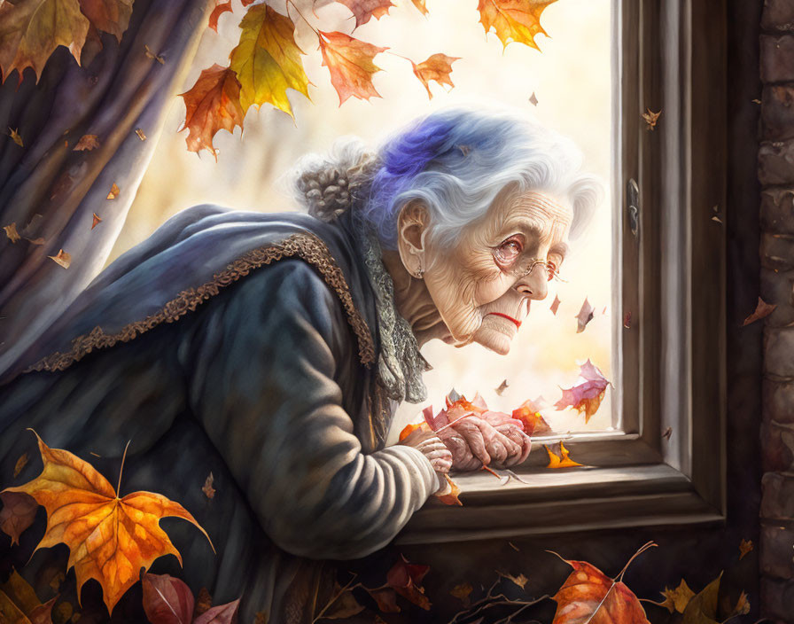 Elderly woman with white hair looking out window amid falling autumn leaves