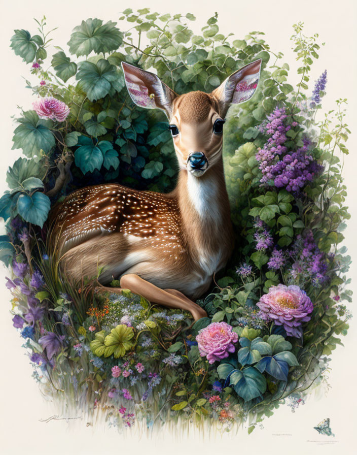 Young deer in vibrant floral setting among green foliage