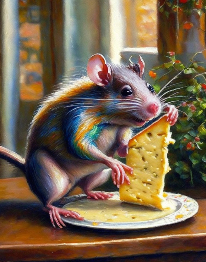 Realistic painting: Rat with cheese slice, soft lighting, blurred background