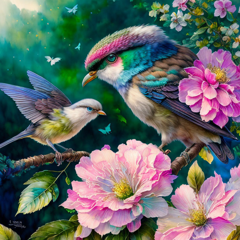 Colorful fantasy bird painting with smaller bird in flight near pink flowers