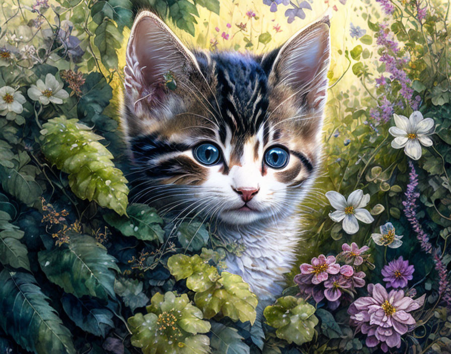 Blue-eyed kitten in vibrant garden with colorful flowers