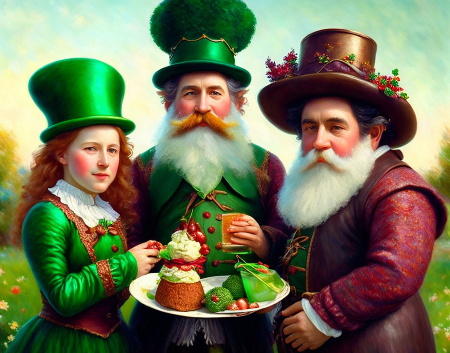 Three People in Elaborate Green Outfits Celebrate with Strawberry-Adorned Dessert