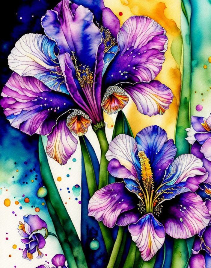 Detailed Watercolor Painting of Purple and Blue Irises with Yellow and Orange Background