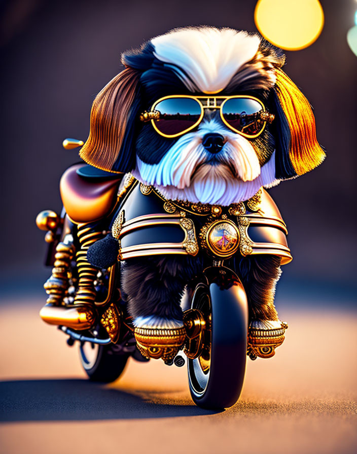 Animated dog in sunglasses on gold motorcycle with intricate designs