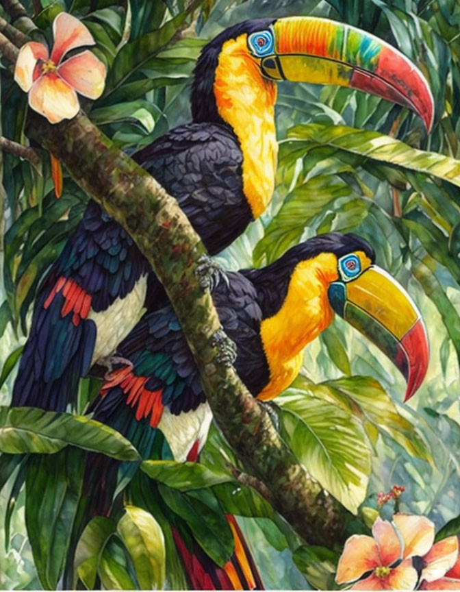 Colorful Toucans on Branch with Pink Flowers in Lush Greenery