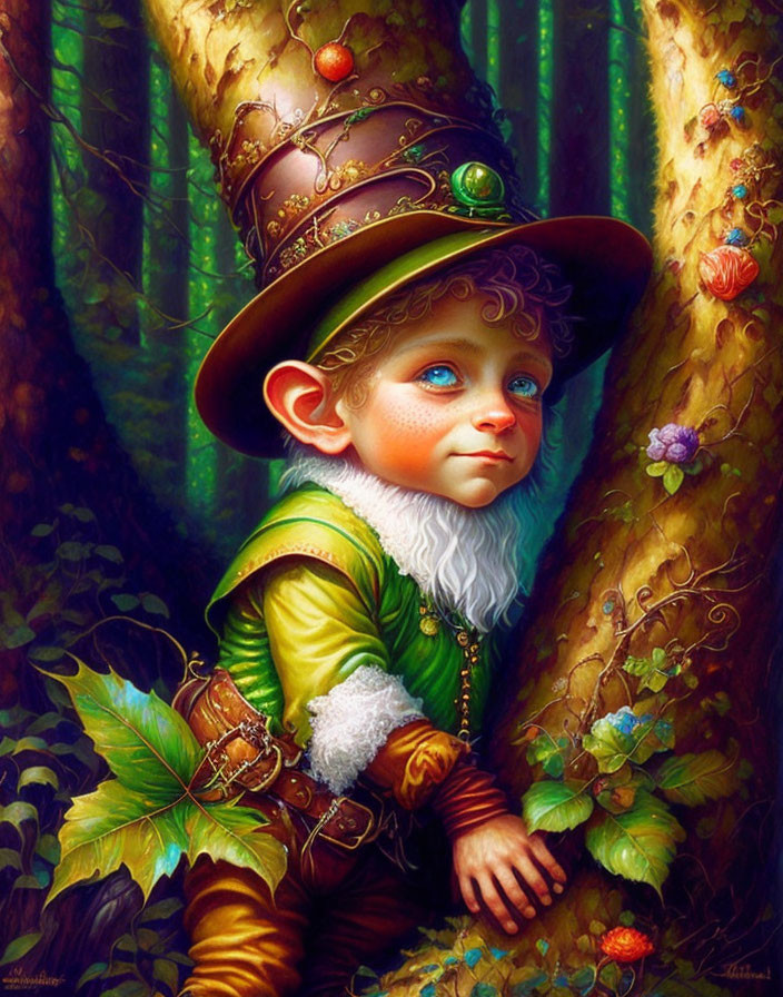 Whimsical forest creature with large blue eyes in green outfit