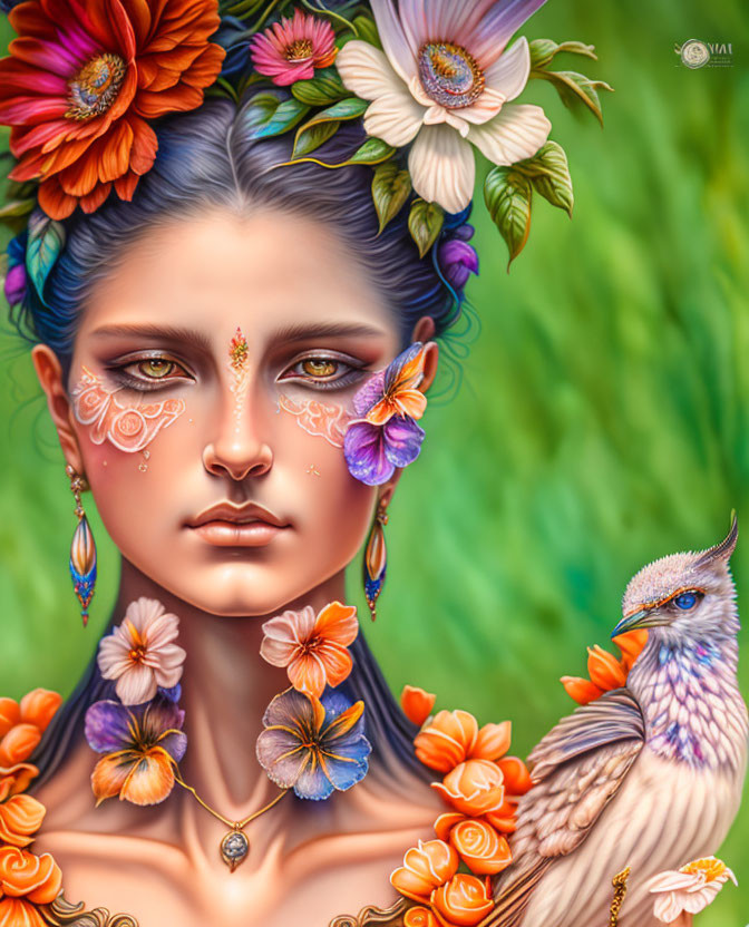 Woman adorned with flowers, butterfly, and bird on green background