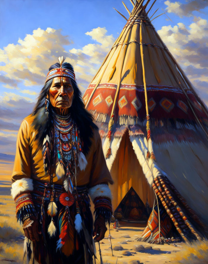 Native American Chief in Traditional Attire Standing by Teepee under Cloudy Sky