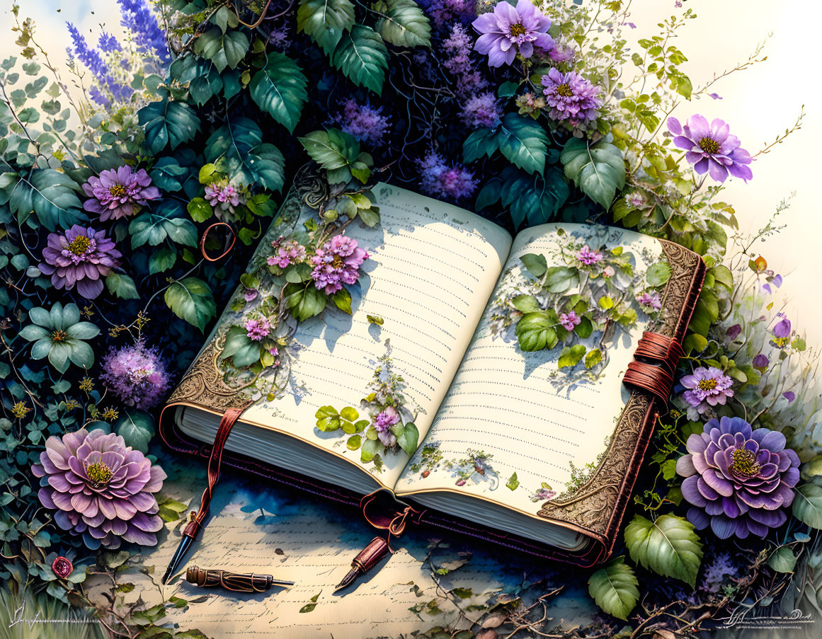 Blank open journal in green foliage with purple flowers and glasses