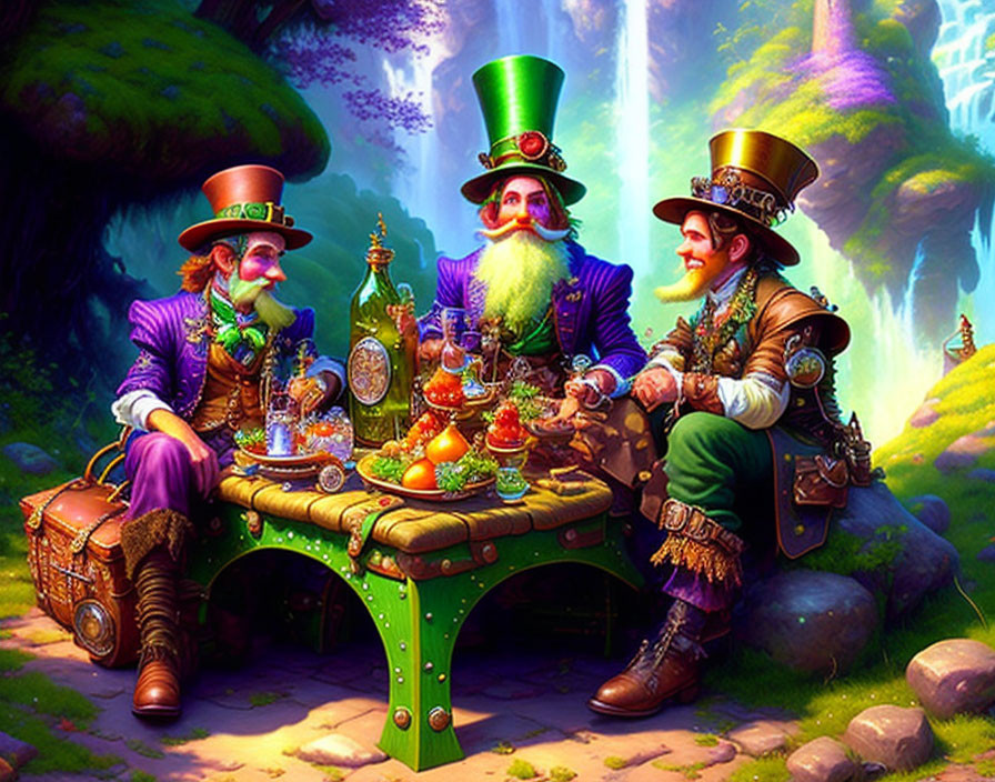 Three leprechauns enjoying drinks in enchanted forest with waterfalls